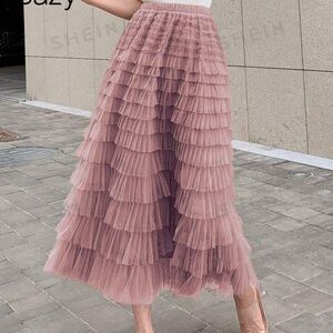 Solid Layer Ruffle Hem Mesh Skirt